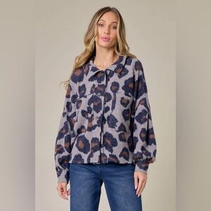 Saints & Hearts Gray and Brown Leopard Patterned Oversized Boxy Sweater Cardigan